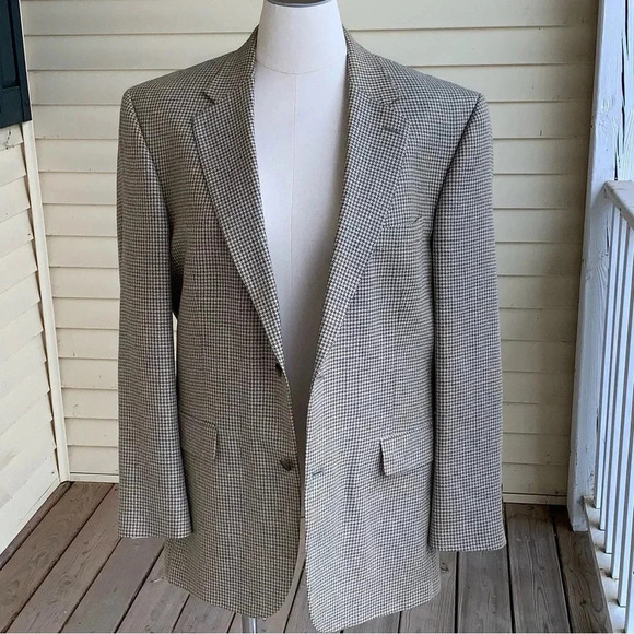 LANDS END Houndstooth Blazer Wool Silk Linen Blend Mens 46L Sport Coat Jacket - Picture 7 of 14